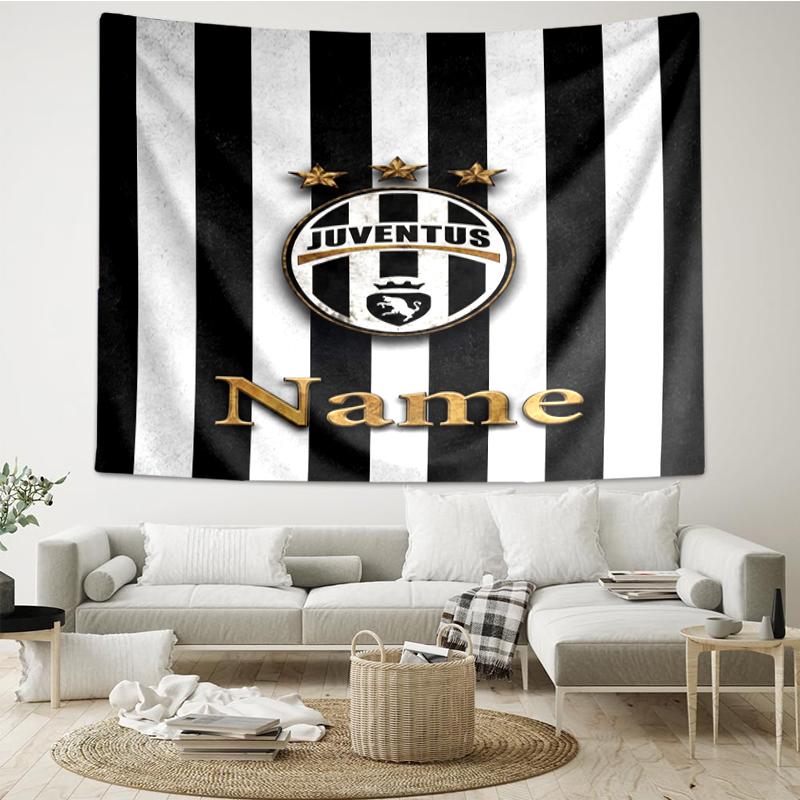 Custom Name Juventus Football Club Print Tapestry, Backdrop, Easy Setup, Ideal for Bedroom, Office & Living Room, with Aesthetic Wall Hanging Decor.