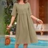 HNXC Women's Fashion Summer Spring Solid Color Print O-Neck High Waist Casual Dresses