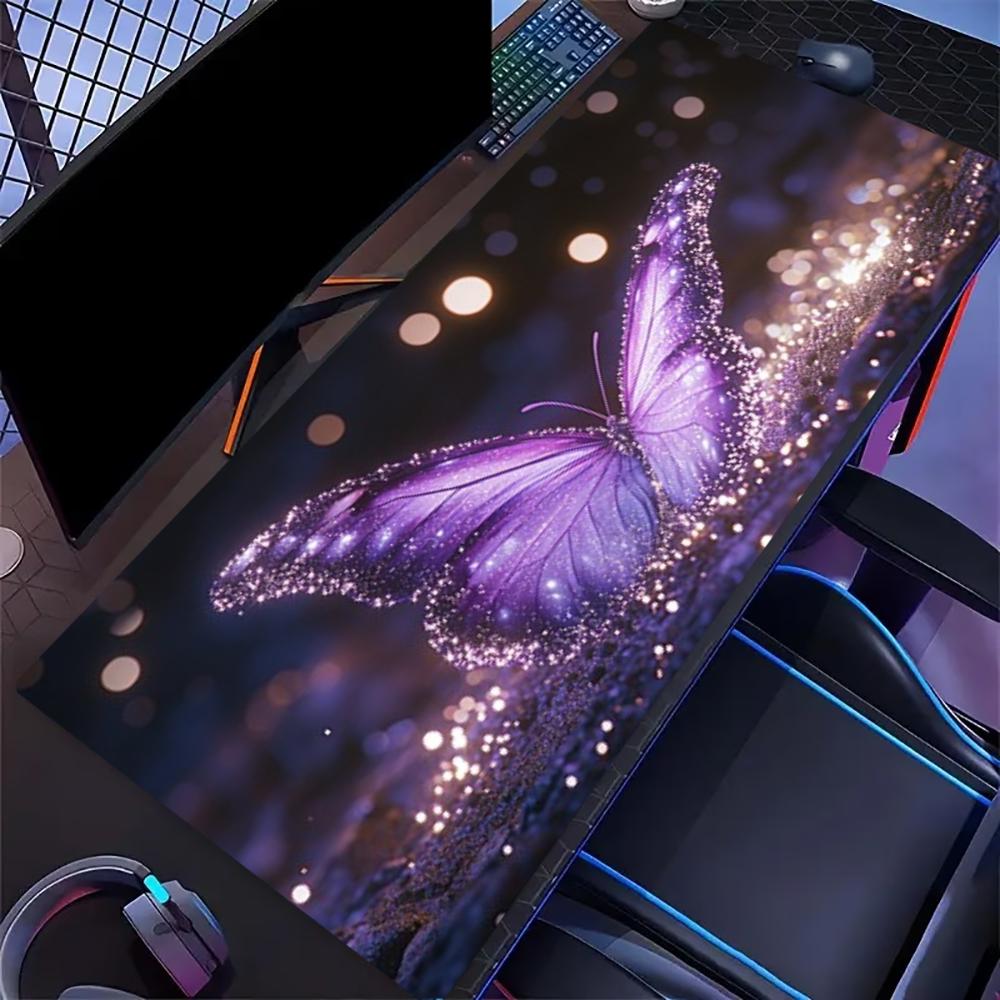 Non‑Slip Rubber Extended Keyboard Mousepad, Sparkly Galaxy Butterfly Purple‑Tone Desk Mat for Gaming Zone & Office Workstation