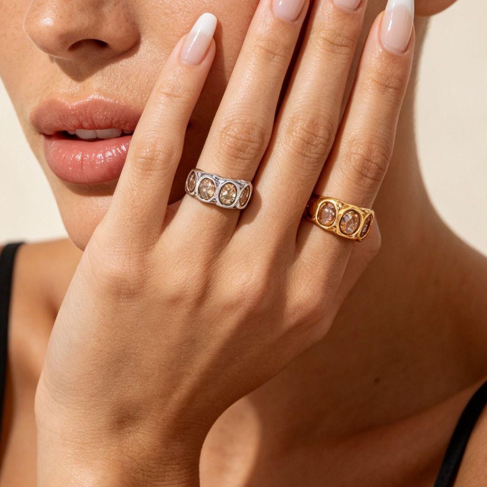 Hammered Finish Oval Zircon Ring Oval Cut Gold Plated Band Elegant Stainless Steel Ring for Women