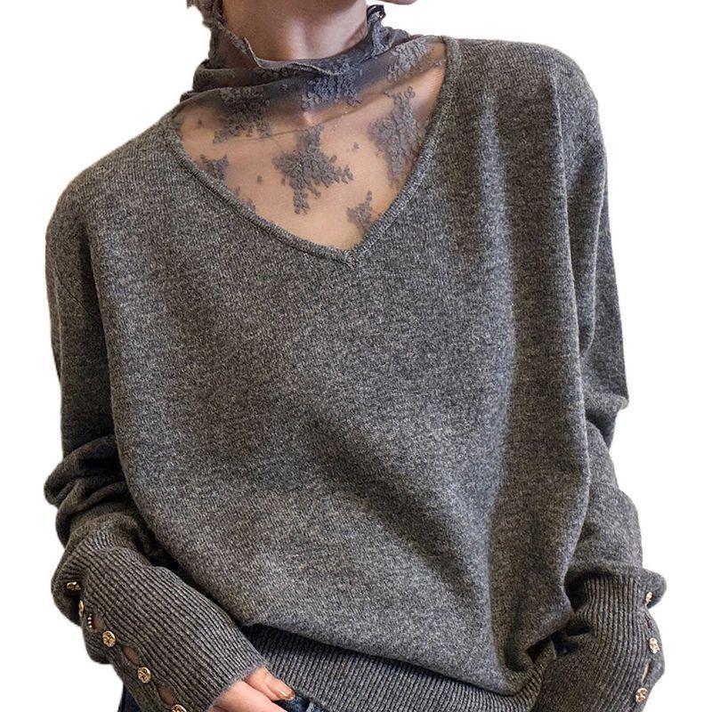 Бархатный кружевной сетчатый многослойный топ с полувысоким воротником большого размера для женщин - Осень/Зима Новый Свободный Стройнящий Стиль