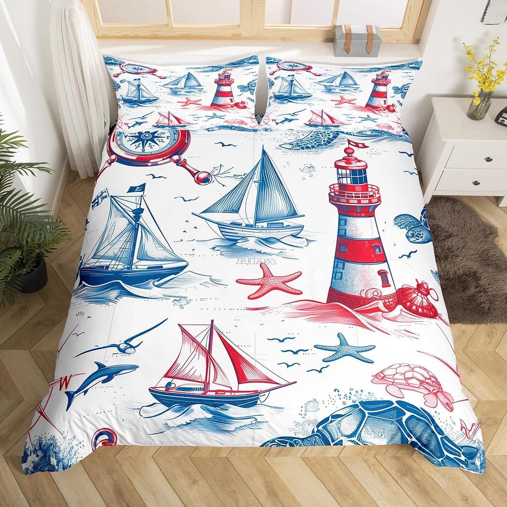 Nautical Comforter Cover Sailboat Lighthouse Duvet Cover Watercolor Ocean Themed Bedding Set Summer Beach Polyester Quilt Cover
