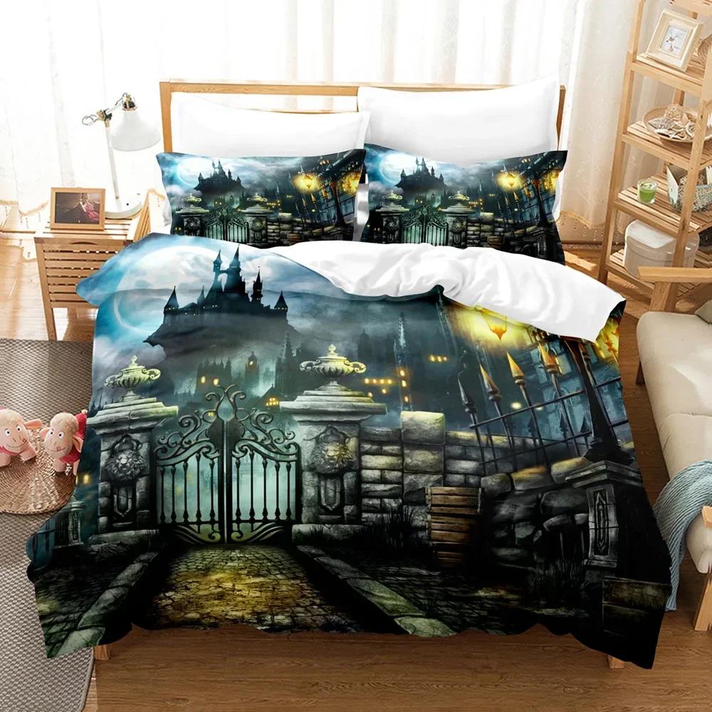 Halloween Cartoon Pumpkin Lantern Castle Bat Comfortable Duvet Quilt Cover Pillowcase Bedding Set Children Bedroom Decoration