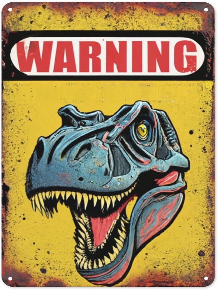 Mfoever Funny Beware of The Dinosaur Tin Sign Retro Metal Wall Decor Poster Vintage Sign for Home Bar Garage Garden Patio Porch Bathroom