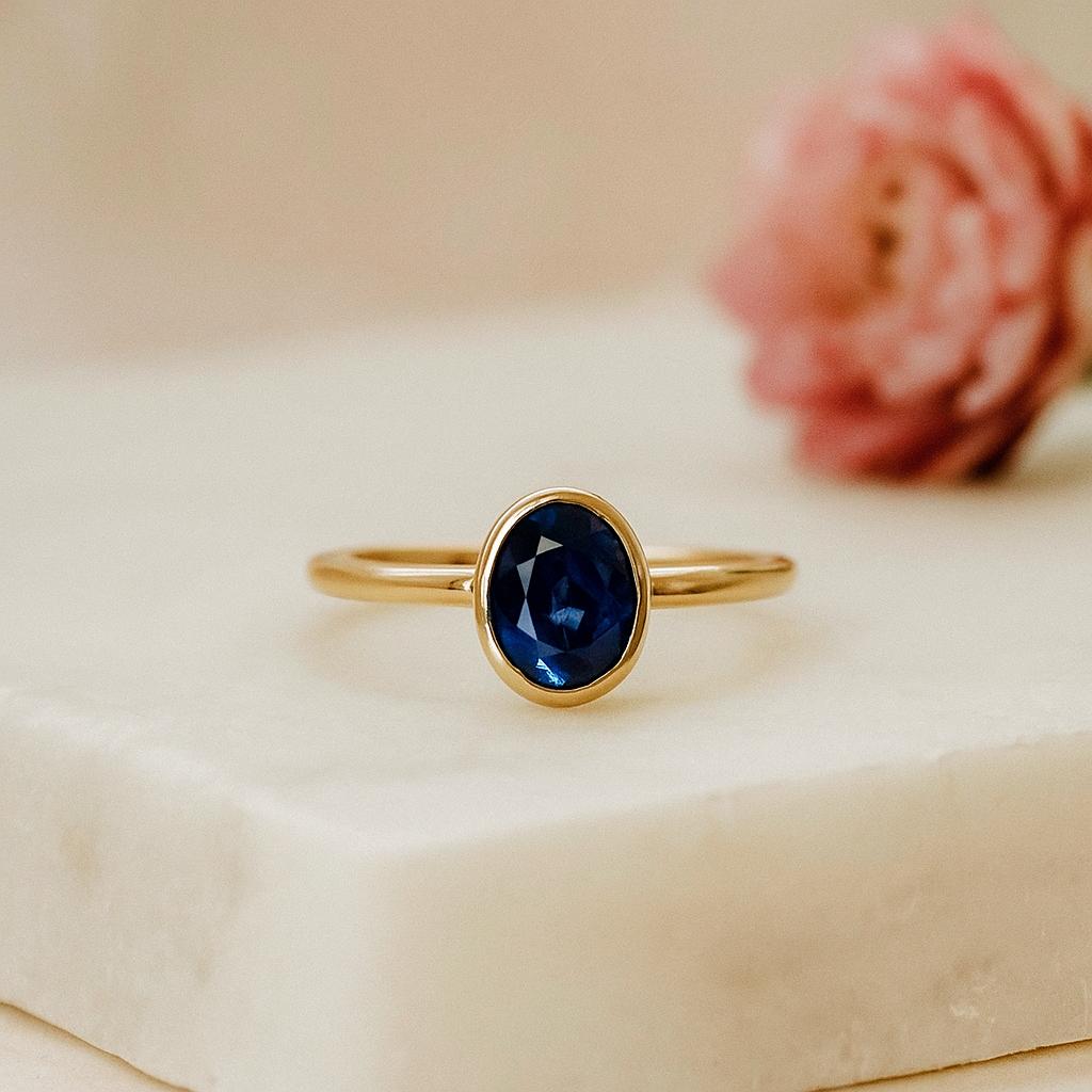 Oval Cut Blue Sapphire Solitaire Ring – Yellow Gold Plated Bezel Setting, Engagement Wedding Jewelry Gift for Women