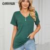 Summer Women's T-Shirt Solid Colour Button Loose V-Neck Short Sleeve Top