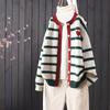 Autumn And Winter Stripes Color Matching Button Round Neck Knitted Cardigan Women Long-sleeved Sweater All-match
