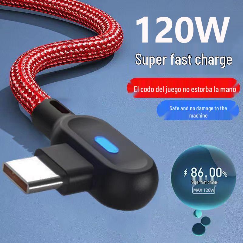 Нейлоновый плетеный кабель для быстрой зарядки с двумя угловыми разъемами для Apple, Android, Type-C со светодиодной подсветкой