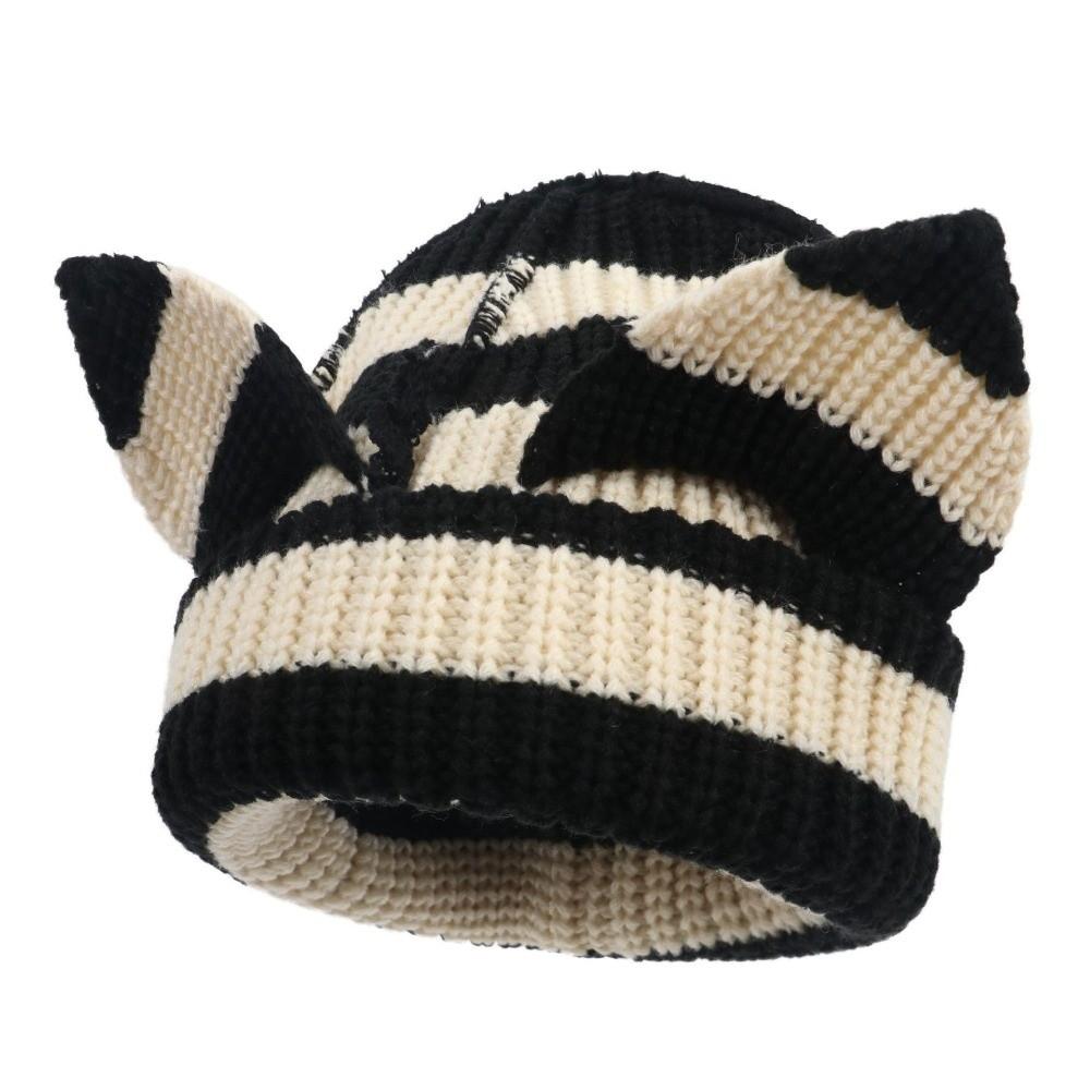 Yarn Knitted Beanie Hat Stretchable Knit Striped Beanie Gifts Cat Ear Beanie Women and Men