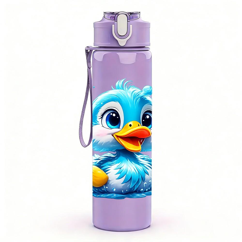 1PC Bright Yellow Rubber Duck Cartoon Print 750ml Color Plastic Sports Water Bottle Leakproof Flip Straw Lid Suitable for Sports Office Home Use