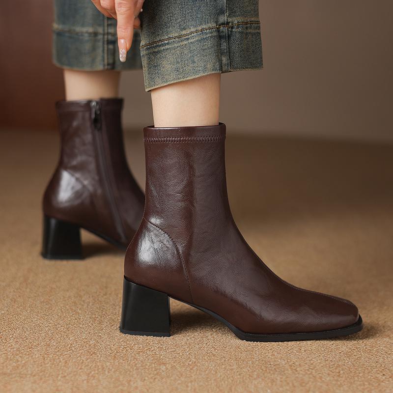 Krazing Pot Microfiber Autumn Winter Shoes Thick High Heels Chelsea Boots Square Toe Keep Warm Zipper Ankle Boots