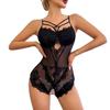 Women Sexy Bodysuit Low-cut Backless Sleeveless Thin See-through Lace Deep V Neck Flower Embroidery Spaghetti Strap Skinny Lady Wedding Night Playsuit