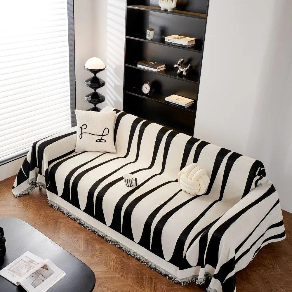 Black White Lines Couch Covers Luxury Sofa Cover Cloth Slipcover Non-Slip Cloth Sofa Cushion Blanket Decorative Dust Cover