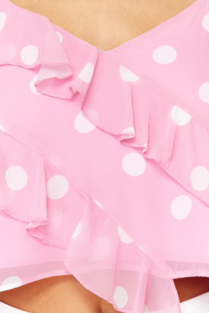 Women's Fashion New Blouse Pink Chiffon Lined Ruffle Strap Polka Dot Woven Blouse
