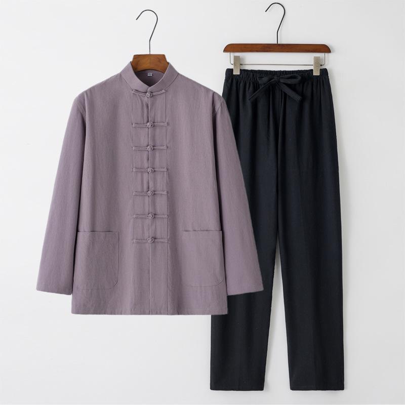 Men's Chinese Style Long-Sleeve Tang Suit Set with Frog Buttons - Retro Tea & Tai Chi Two-Piece
