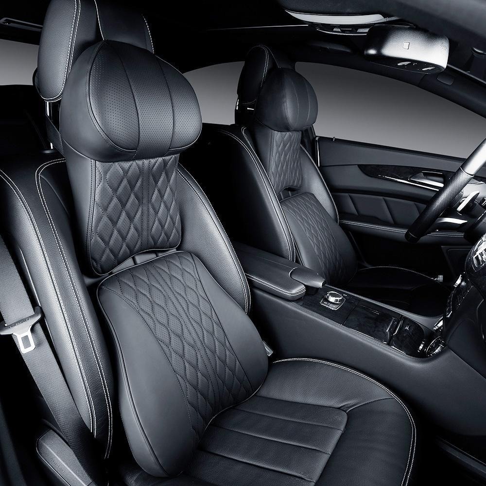 Luxury Car Neck Pillow Set Leather Embroidered Waist Backrest Lumbar Support Cushion Auto Seat Travel Headrest Pillow For