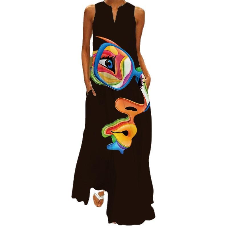 Женская мода лето весна цветочный принт без рукавов V-образный вырез свободные повседневные платья