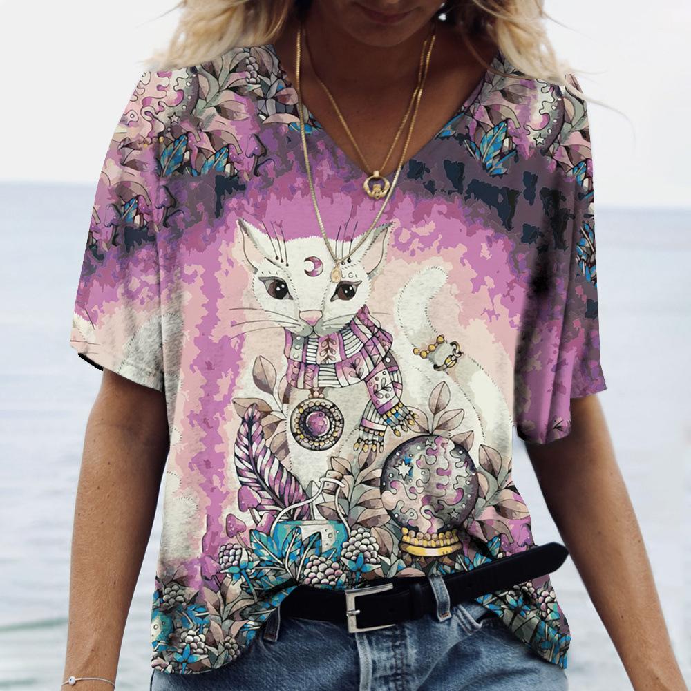 Футболки с V-образным вырезом и 3D-принтом кошки, модные повседневные женские футболки с коротким рукавом - мягкая полиэстеровая ткань средней эластичности, летняя одежда свободного кроя