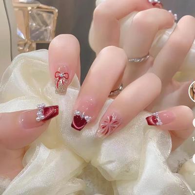 Красные французские фейерверки вспышка жемчужный бант кошачий глаз европейский и американский стиль ins атмосфера съемный маникюр 24 штуки