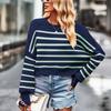 Женский осенне-зимний пуловер с рукавами-фонариками и круглым вырезом в полоску, теплый вязаный свитер, трикотажный топ