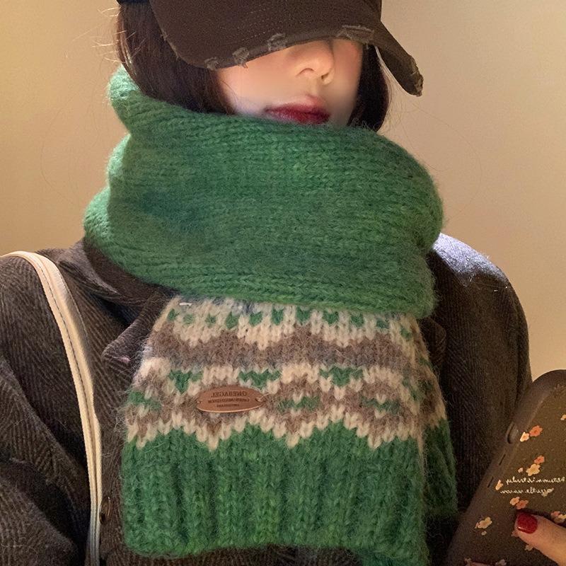 Зеленый вязаный шерстяной шарф Fair Isle женский зимний рождественская атмосфера утолщенный универсальный теплый и холодный шарф