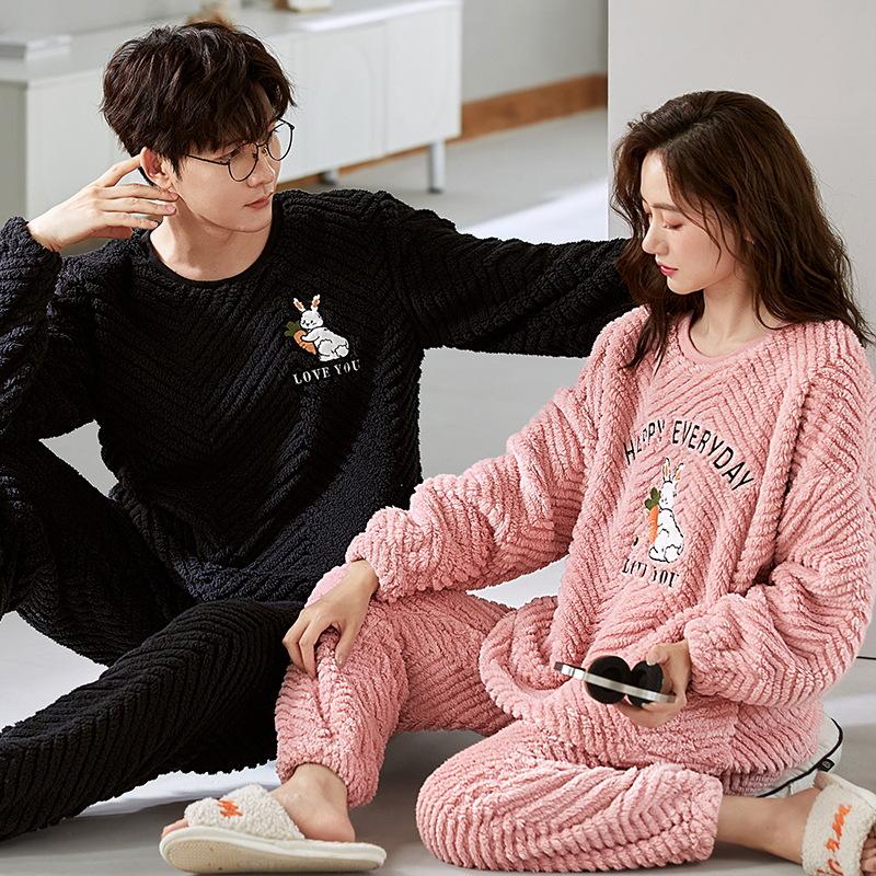 Мужская и женская толстая пижама из кораллового флиса: Теплый вельветовый фланелевый зимний комплект