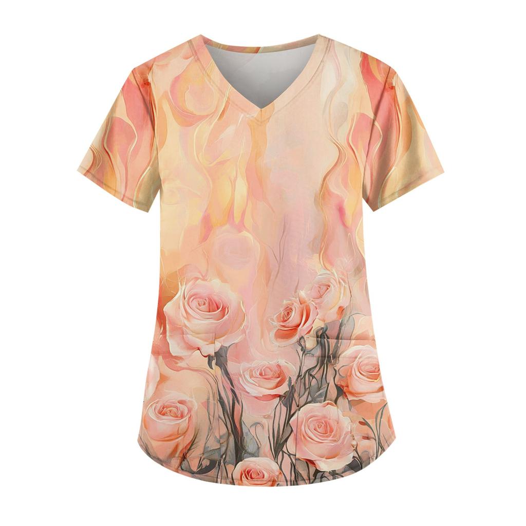 Рабочая форма больших размеров с принтом, топы для женщин, забавные футболки с v-образным вырезом и короткими рукавами, рабочая одежда, футболка с карманами