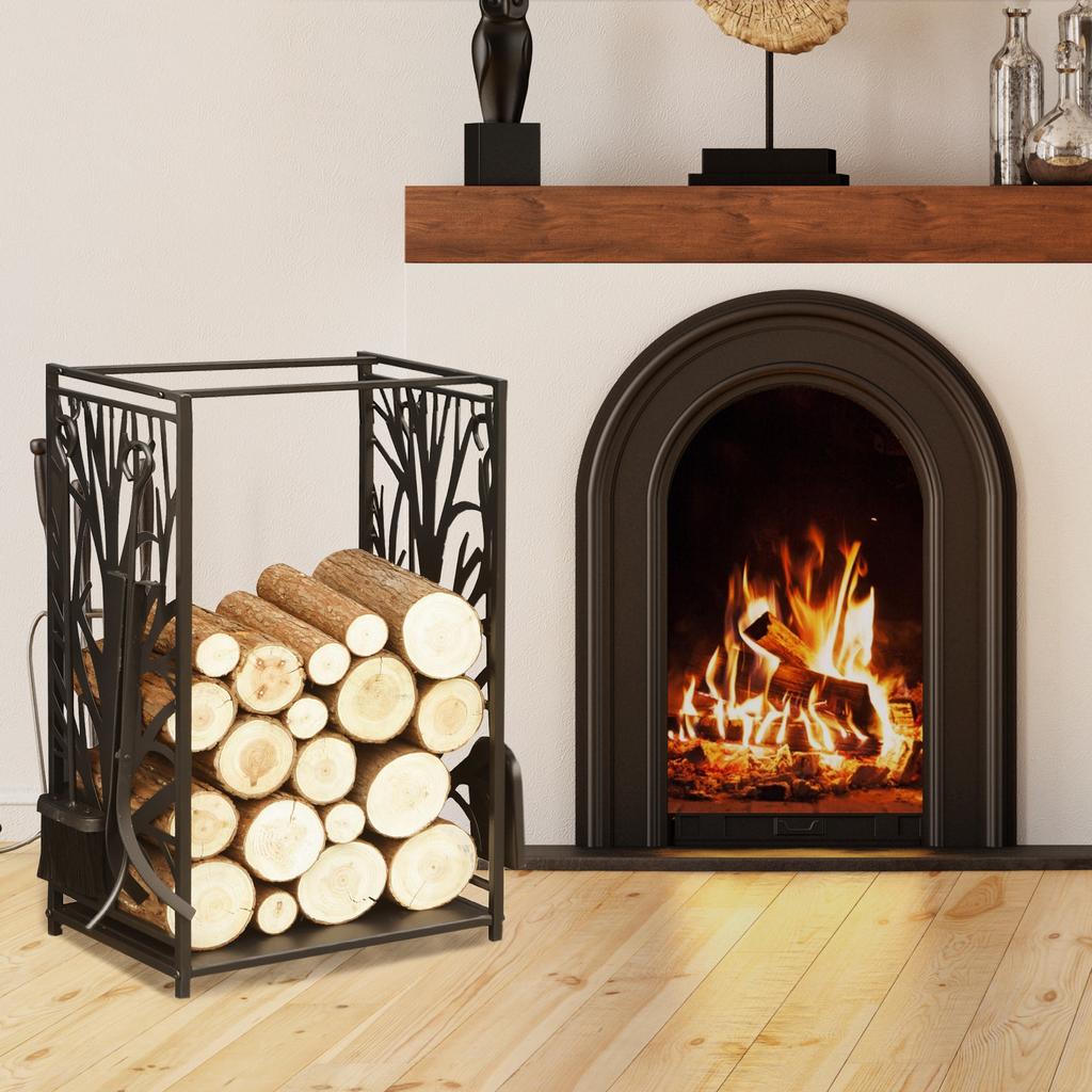Steel Firewood Log Holder Indoor Outdoor Firewood Rack Fireplace Wood Storage Shelf with 4 Tools, Hooks, Tree Pattern Design, Rust-Resistant, Black