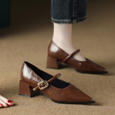 2025 Весенний стиль Острый носок Квадратный каблук Универсальный стиль Одинарные туфли Женская обувь Средние Профессиональные Пряжка Платье Туфли на высоком каблуке