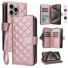 Luxury Rhombic 9 Card Slots Zipper Wallet Case with Wristband for iPhone 15 14 13 12 11 Samsung S24 S23 S22 S21 PU Leather Double Layer Flip Cover