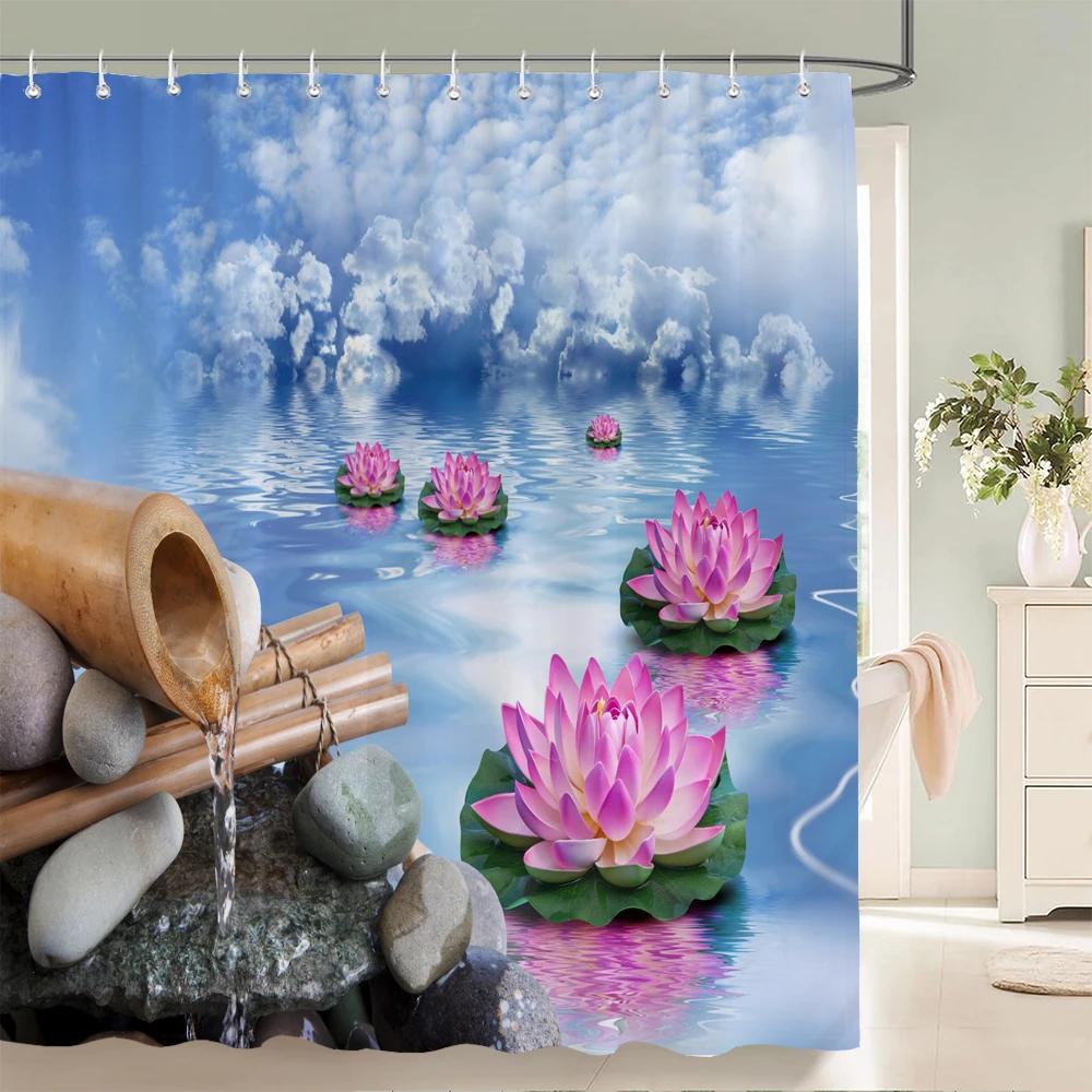 3D Flower Bamboo Pebble Water Green Plant Shower Curtain Waterproof Polyester Curtain Home Decoration