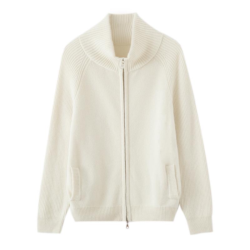 Women's Elegant Cashmere Cardigan: Winter 2026, Double Zipper, Loose Fit, Lapel Base Layer, Warm Outerwear
