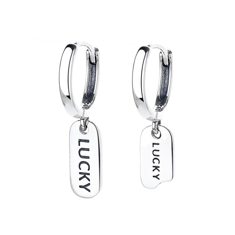 S925 Sterling Silver Asymmetric Letter LUCKY Tag Ear Buckle Japanese and Korean Style All-match Earrings Women