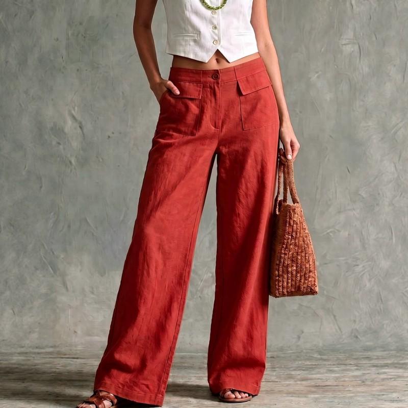 2026 Womens Cotton Linen Blend Wide Leg Pants Solid Color High Waist Loose Casual Trousers Daily Wear