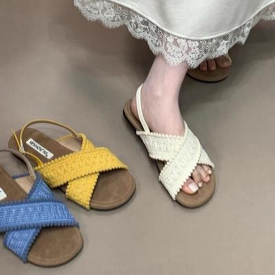 Отпускная версия~ Французские плетеные римские сандалии на плоской подошве с перекрестными ремешками, женские, лето 2025, с ремешком на щиколотке и пляжными прохладными шлепанцами