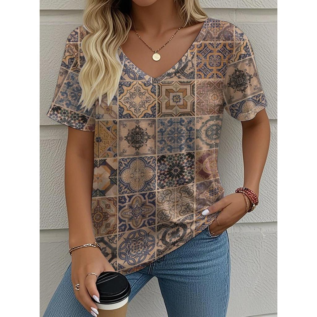 Летний топ с V-образным вырезом в винтажном стиле с 3D-принтом, модная повседневная женская футболка с коротким рукавом