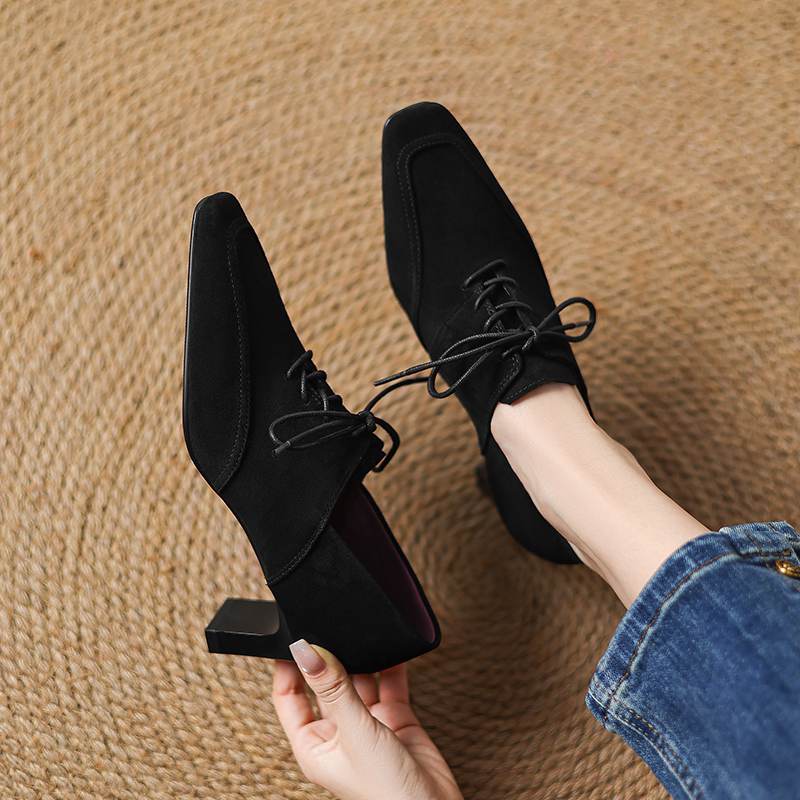 Krazing Pot Sheep Suede Autumn Winter Shoes Stiletto Med Heels Lace Up Size 43 Size 42 Pointed Toe Deep Mouth Pumps