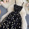 Fashion Daisy Flower Print Mesh Party Dress Women Summer Elegant Spaghetti Strap Vacation Midi Dress Vinatge Beach Clothes New