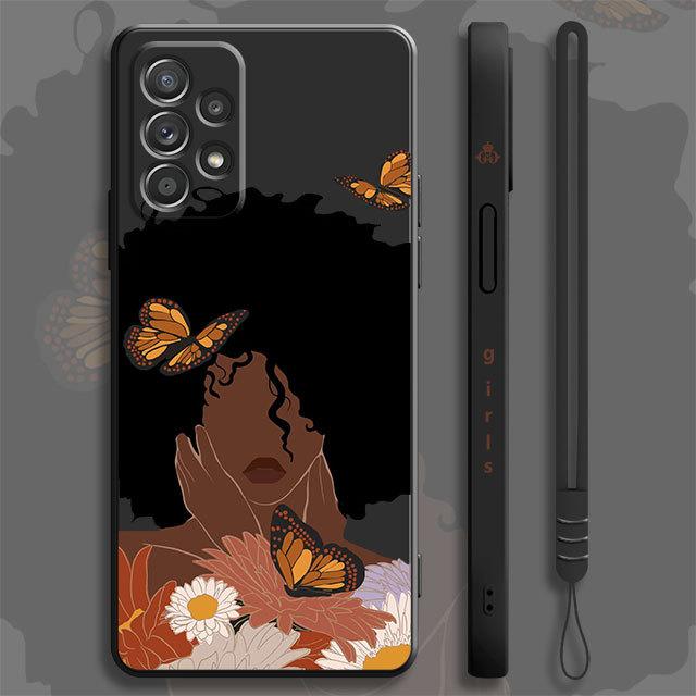 Жидкий чехол для Samsung Galaxy A73 A71 A72 A12 A21s A23 A31 A32 A51 A52 A52s A53 A02s, красивая африканская девушка, цветок ромашки, бабочка