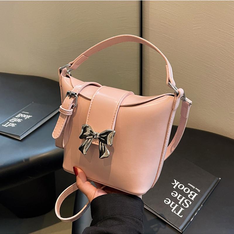 New Bow Metal Buckle Handbags Women's Fashion Sweet Girl Single Shoulder Crossbody Bags Elegant Red Bucket Bag