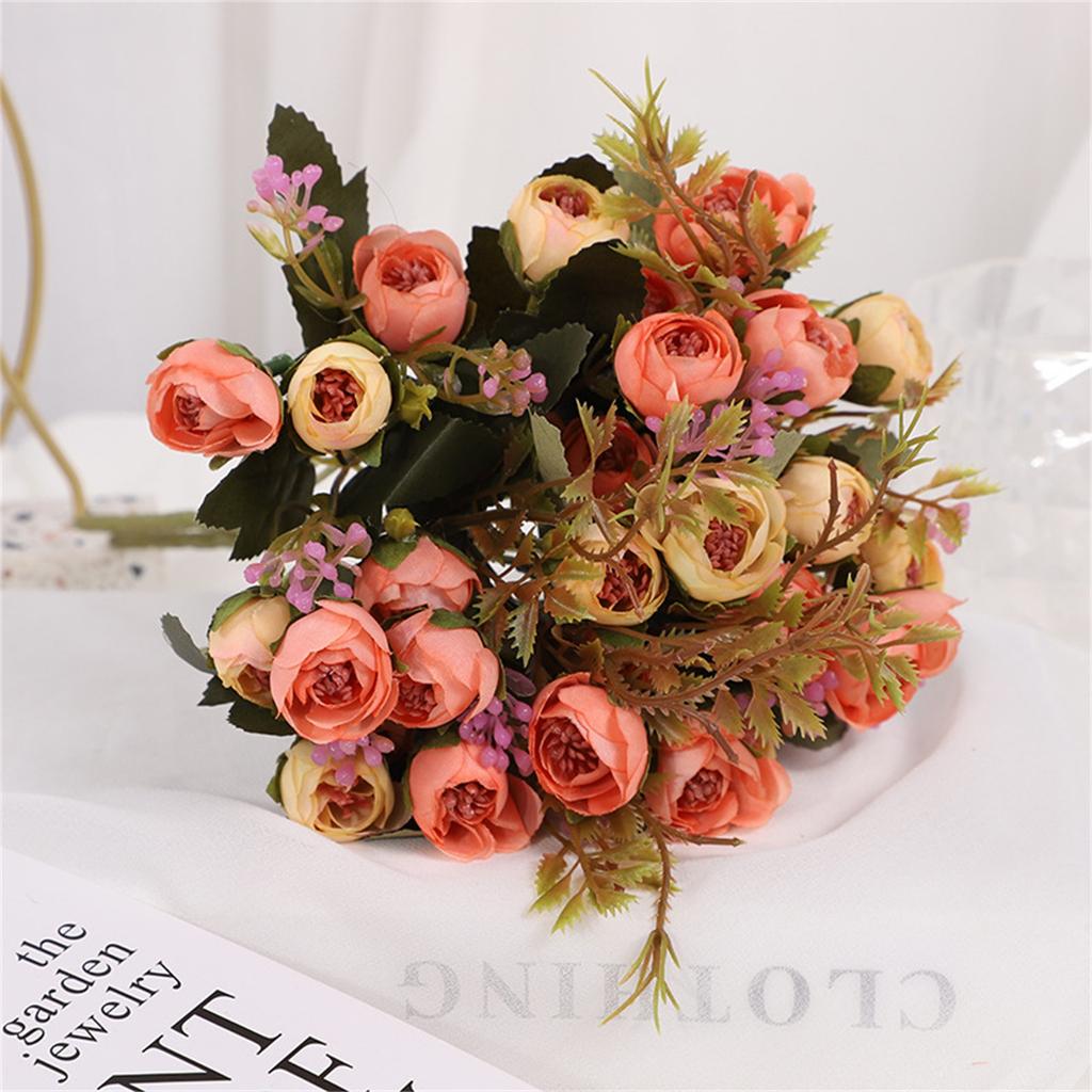 15 Heads Vintage Silk Flowers Retro Tea Roses Artificial Flowers Bride Bouquet For Wedding Decoration Home Fake Flowers Decor