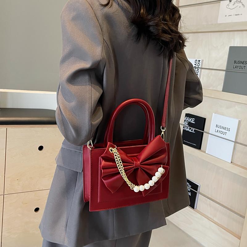 Дизайнерская сумка-тоут Sense Bow Chain Tote для женщин, новая модная жемчужная свадебная сумка, популярная винно-красная сумка через плечо, повседневная маленькая квадратная сумка