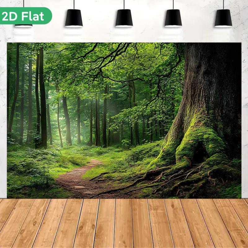 1 piece of 2D flat banner background fabric, green forest path, birthday banner, decorative flag