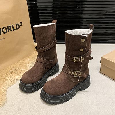 Ботинки до середины икры на квадратном каблуке, современные зимние слипоны 2024, высококачественная женская обувь, круглый носок, высокий каблук, пряжка, панк, женские ботинки