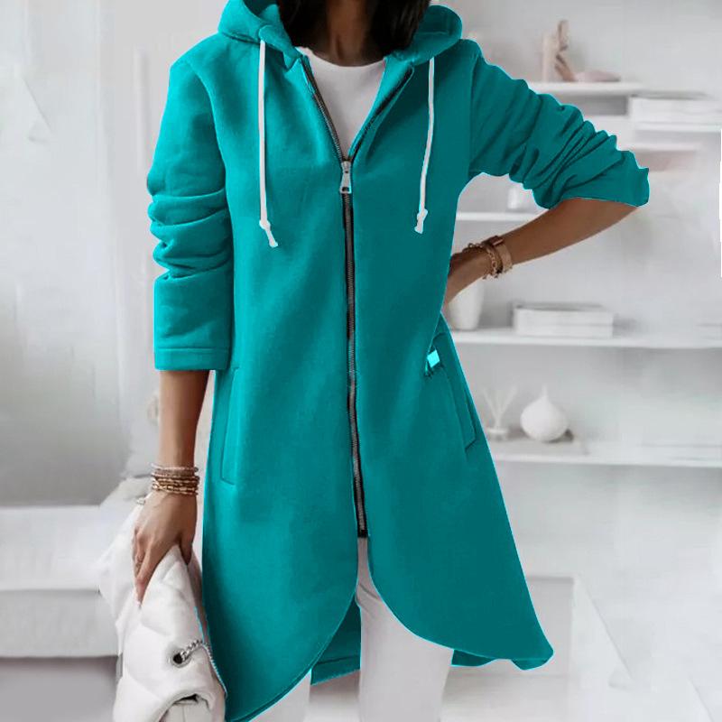 Autumn Winter Women's Solid Hooded Coat Mid Length Loose Zipper Female Windbreaker Jacket New Outdoor Cardigan Outwear