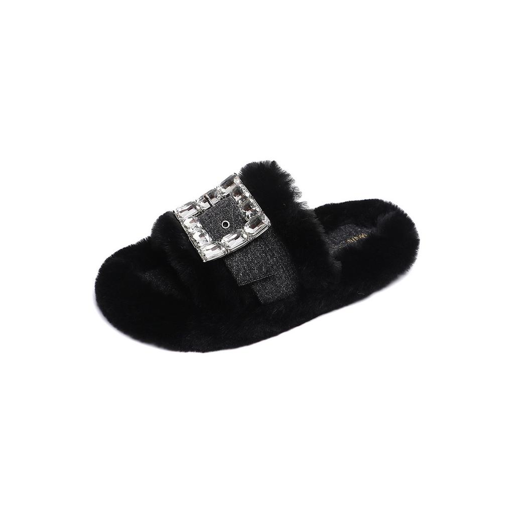 Woman Faux Wool Insole Flat Slippers Round Head Open Toe Slingback Indoor Slipper 2024 Women Winter Female Plush Fur Slippers