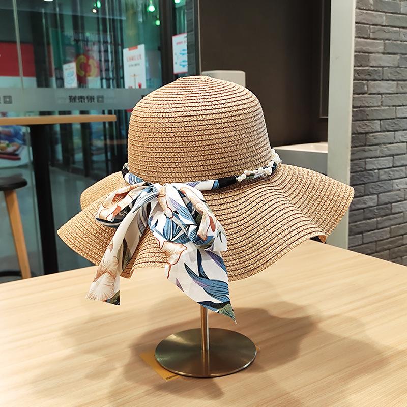 New wavy edge bow straw hat summer large brim sun protection breathable hat embryo light board hat
