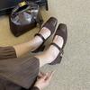 Cashmere splicing square head thick heel single shoes women's middle heel soft leather one-word buckle Mary Jane shoes spring and autumn