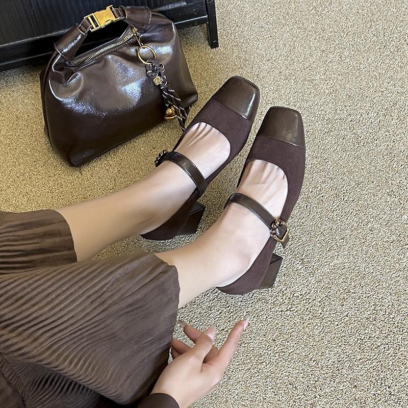 Cashmere splicing square head thick heel single shoes women's middle heel soft leather one-word buckle Mary Jane shoes spring and autumn