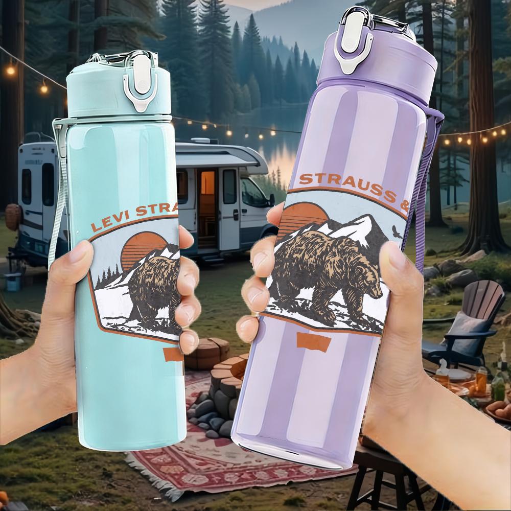 1PC Buffalo western animal circular print 750ml colorful plastic sports water bottle leakproof pop up lid with straw for outdoor work home use